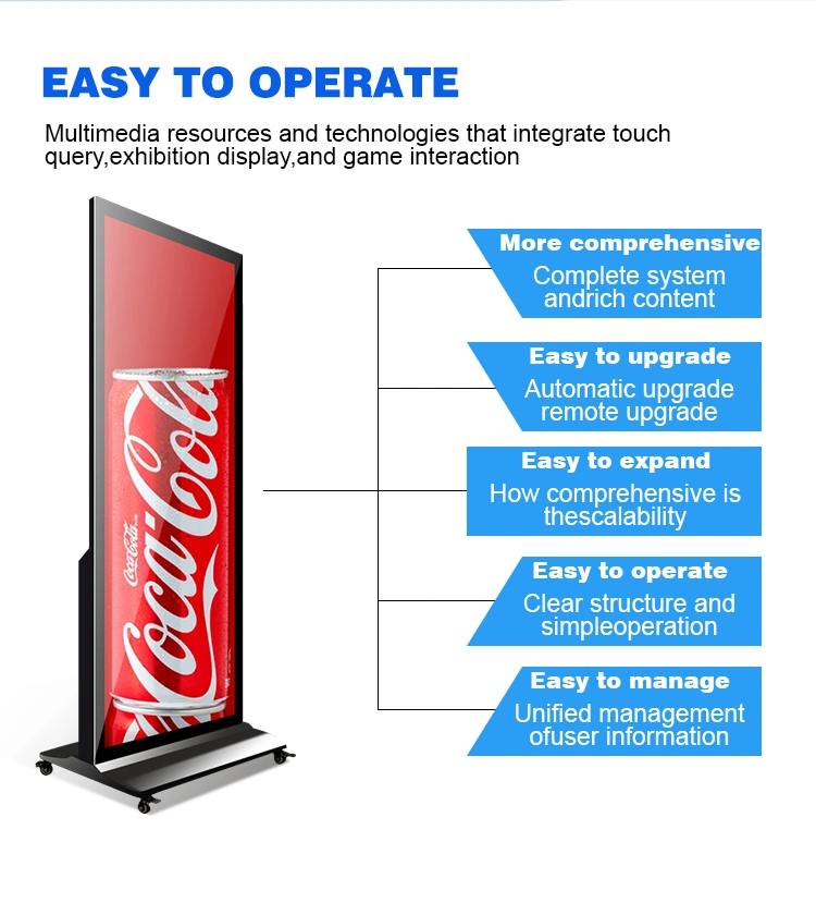 Custom 86 Inch Movable Indoor Floor Stand LCD Portable Advertising Vertical LCD Digital Video Display for Restaurant